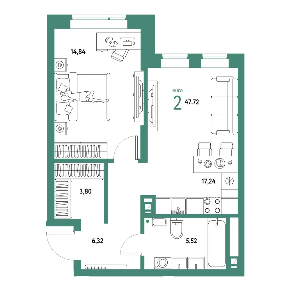 Планировка: Авторский 2-комнатная 47,72м²