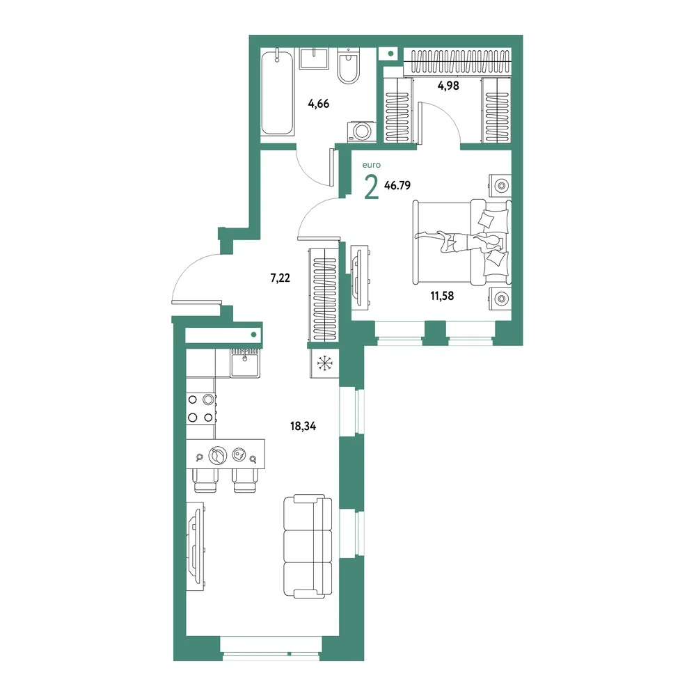 Планировка: Авторский 2-комнатная 46,79м²
