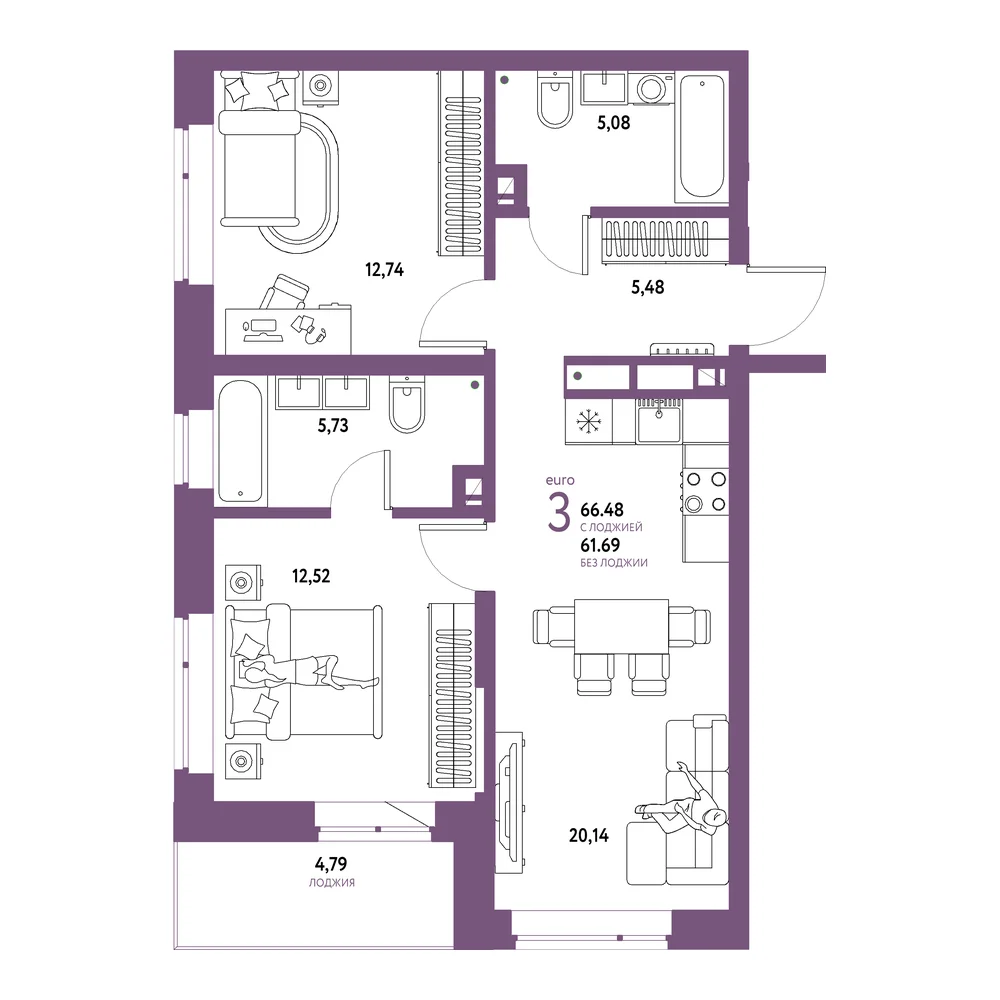 Планировка: Авторский 3-комнатная 66,48м²