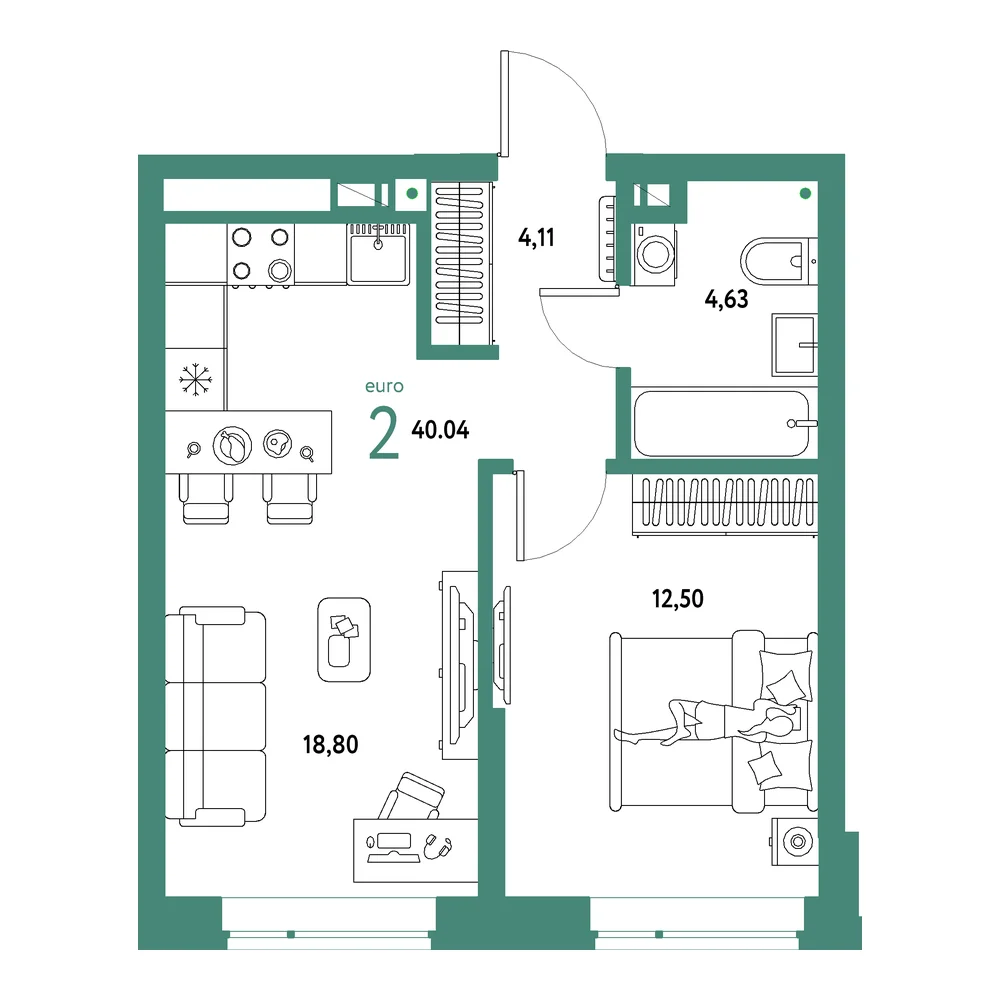 Планировка: Авторский 2-комнатная 40,04м²