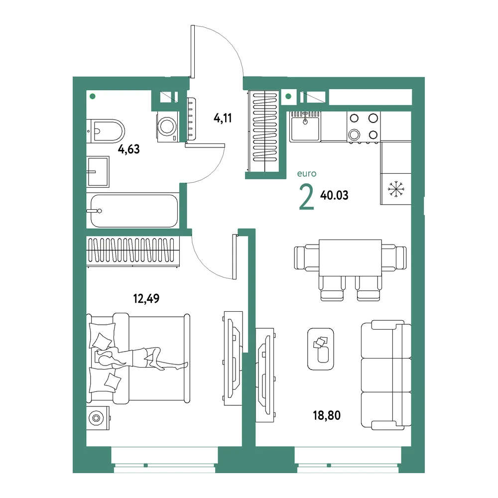 Планировка: Авторский 2-комнатная 40,03м²