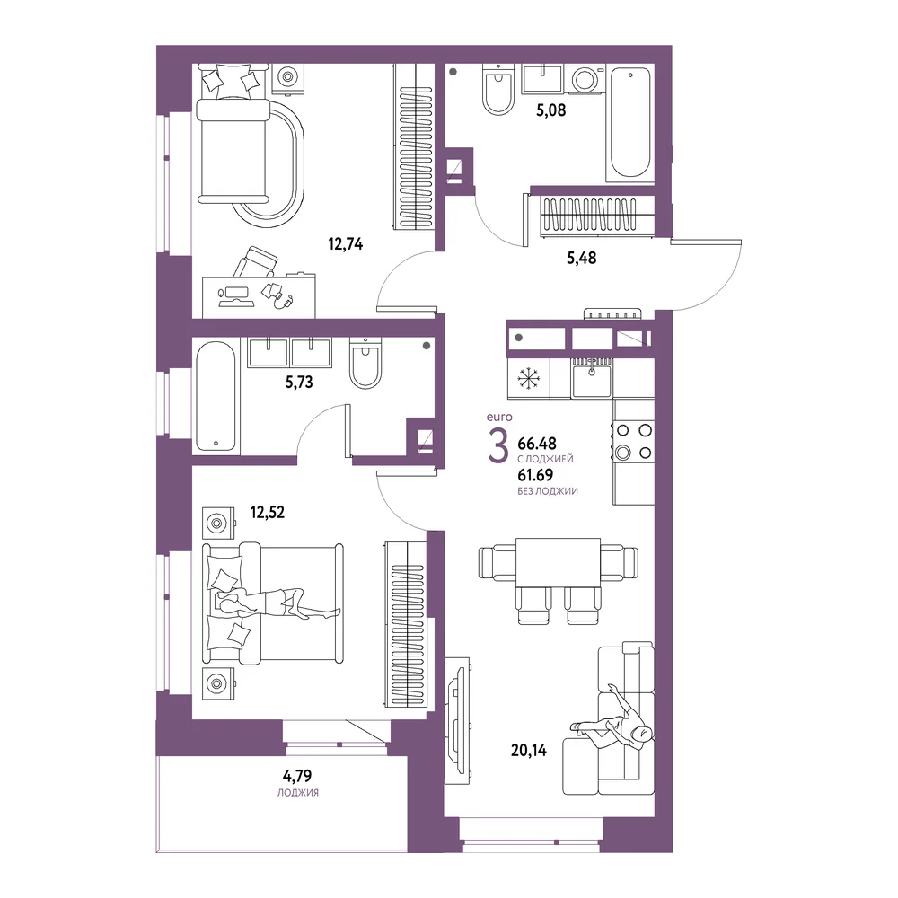 Планировка: Авторский 3-комнатная 66,48м²