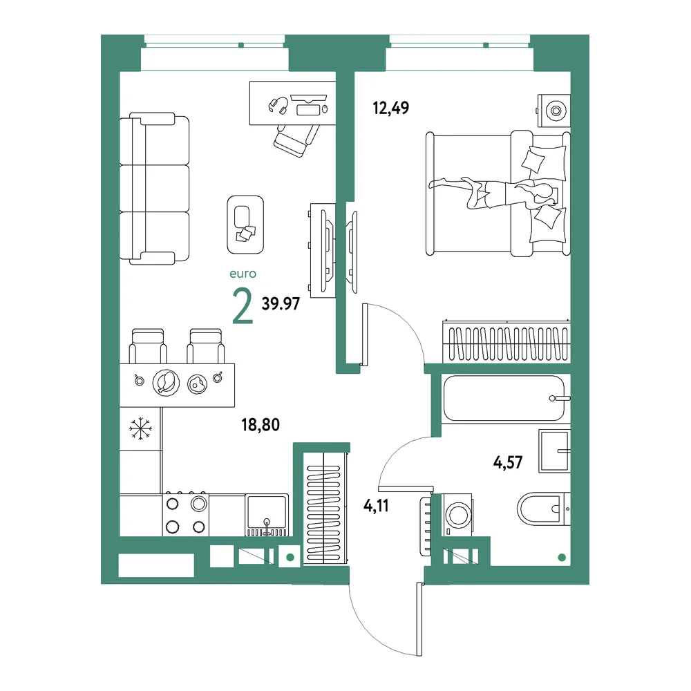 Планировка: Авторский 2-комнатная 39,97м²