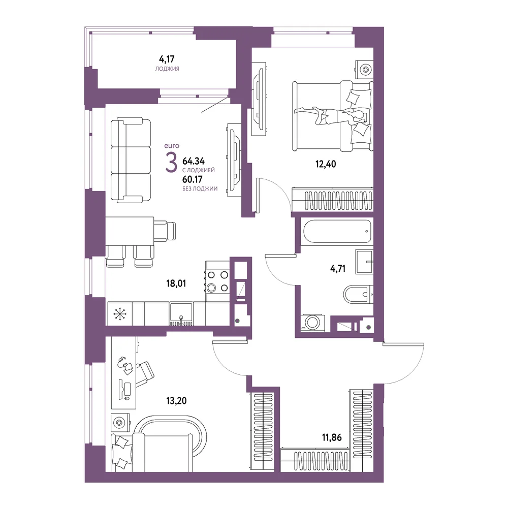Планировка: Авторский 3-комнатная 64,34м²