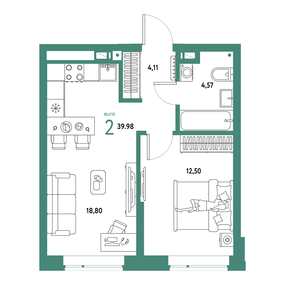 Планировка: Авторский 2-комнатная 39,98м²