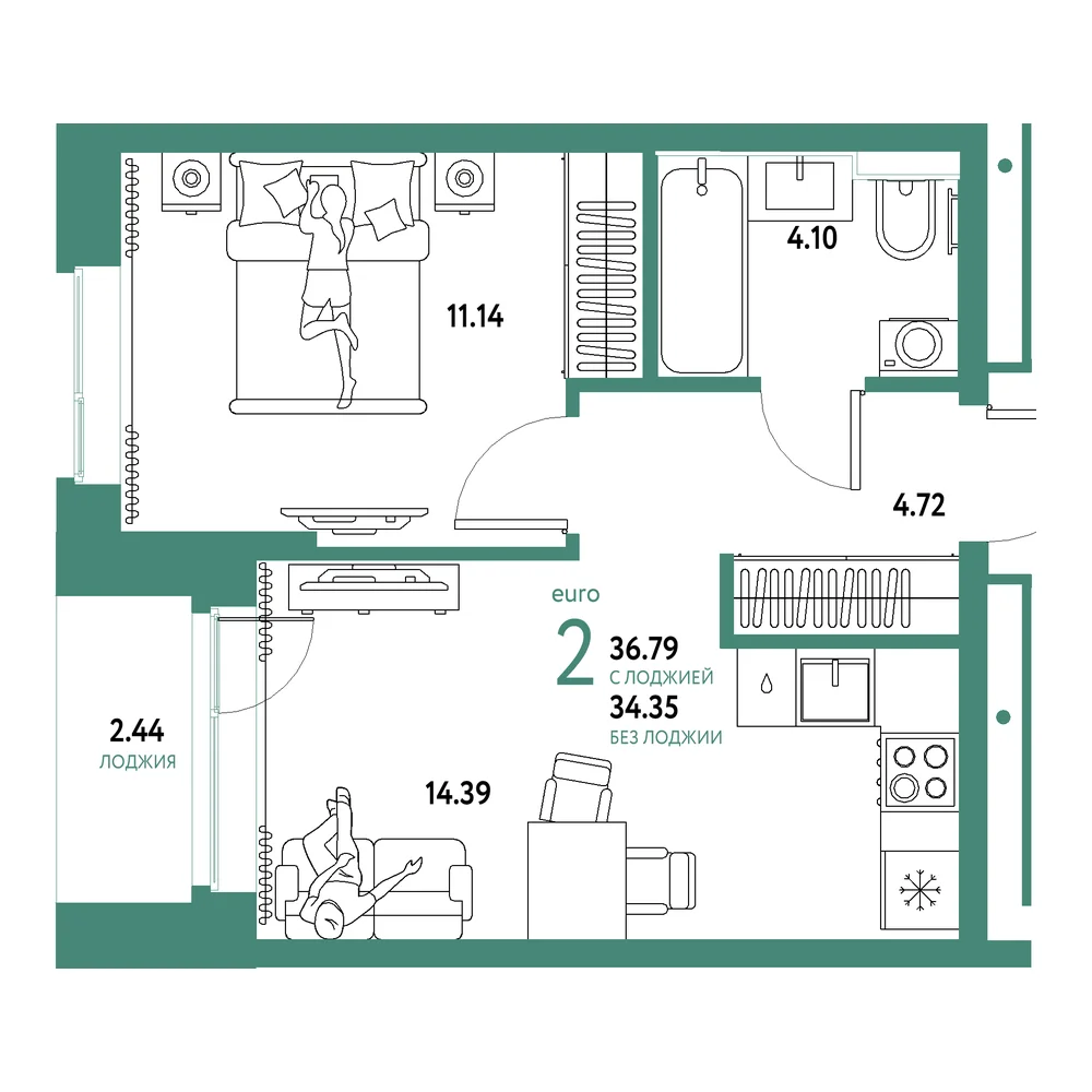 Планировка: Домашний 2-комнатная 36,79м²