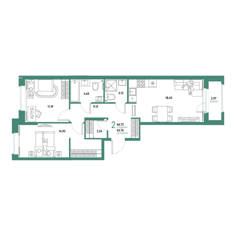 Планировка: Домашний 2-комнатная 66,73м²