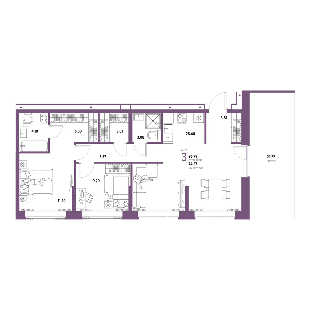 Планировка: Домашний 3-комнатная 95,79м²