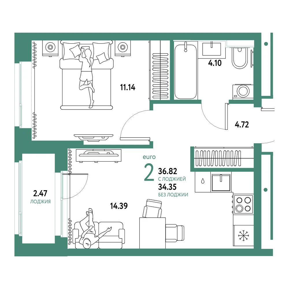 Планировка: Домашний 2-комнатная 36,82м²
