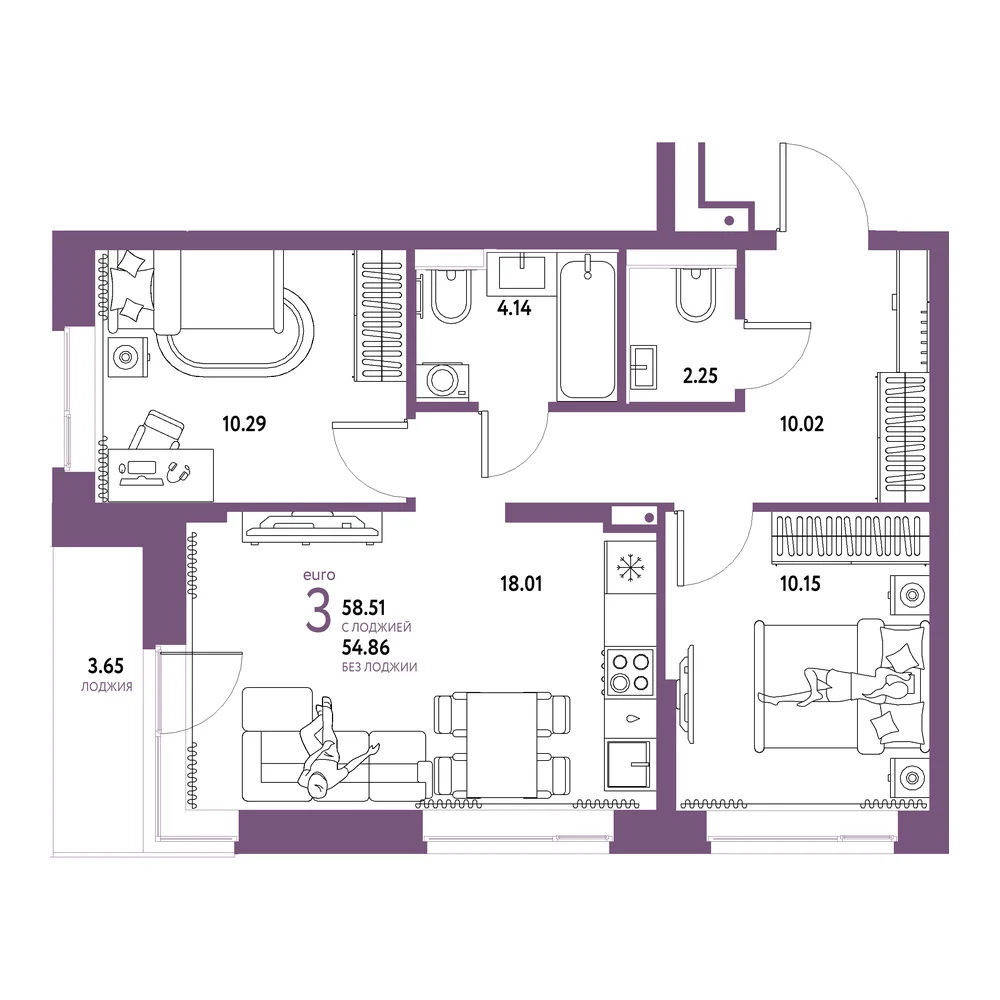 Планировка: Домашний 3-комнатная 58,51м²