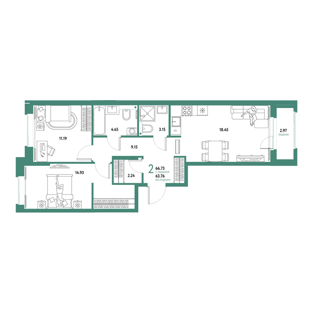 Планировка: Домашний 2-комнатная 66,73м²