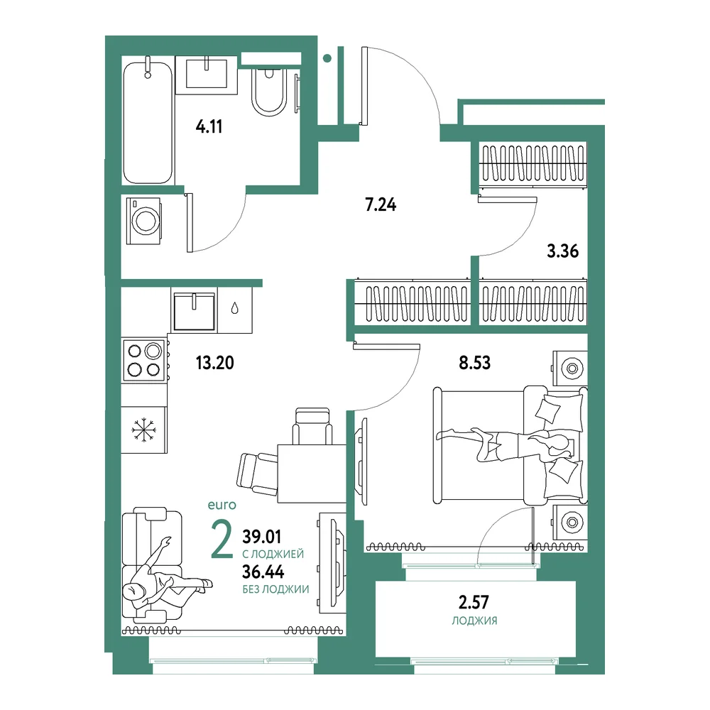 Планировка: Домашний 2-комнатная 39,01м²