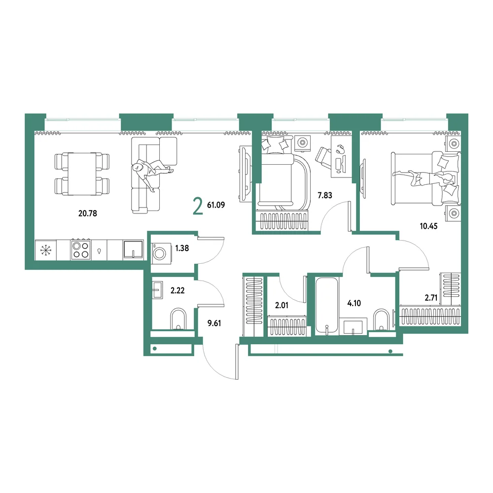 Планировка: Домашний 3-комнатная 61,09м²