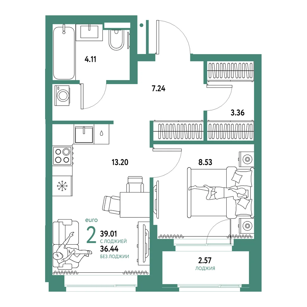 Планировка: Домашний 2-комнатная 39,01м²