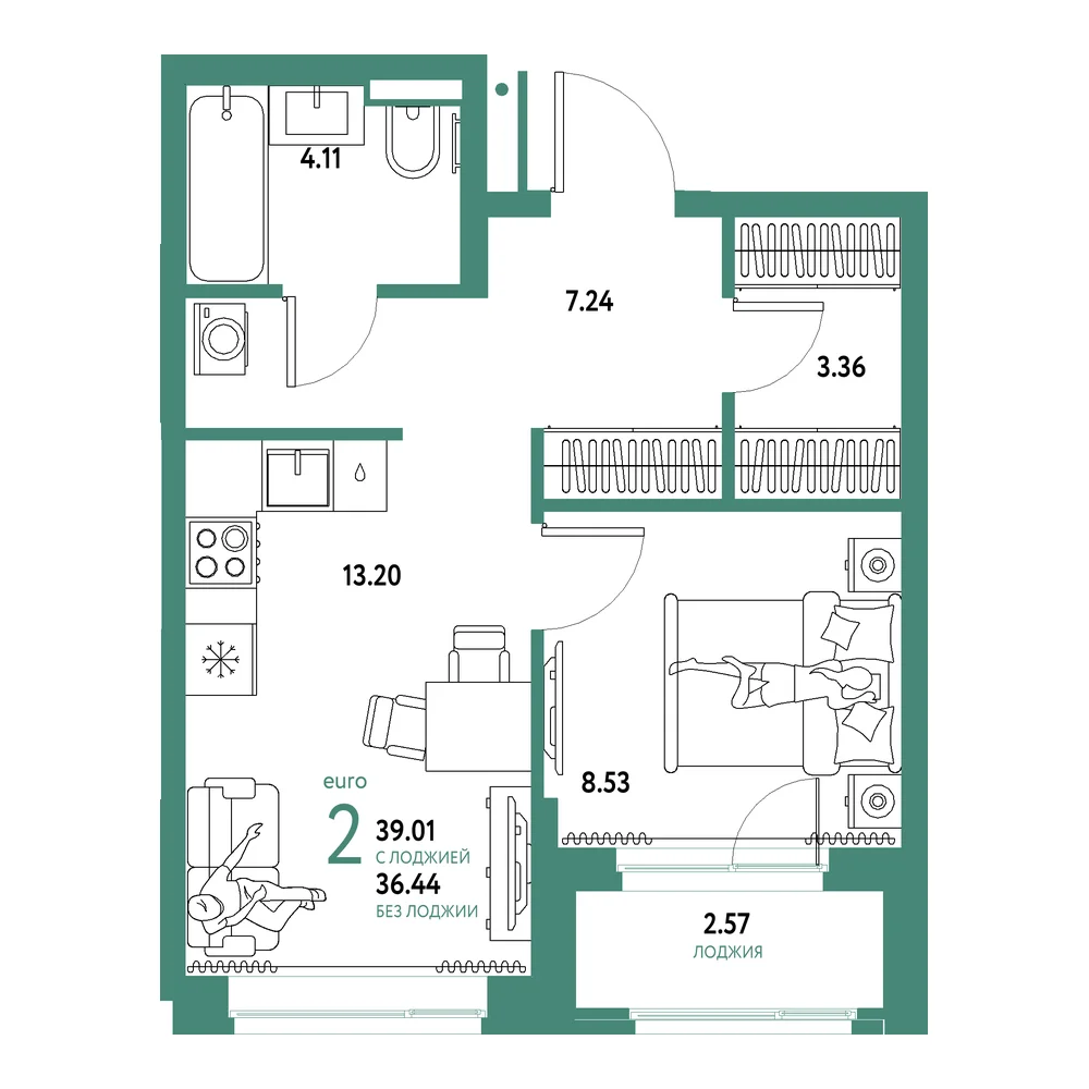 Планировка: Домашний 2-комнатная 39,01м²