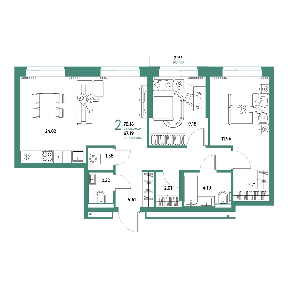 Планировка: Домашний 3-комнатная 70,16м²