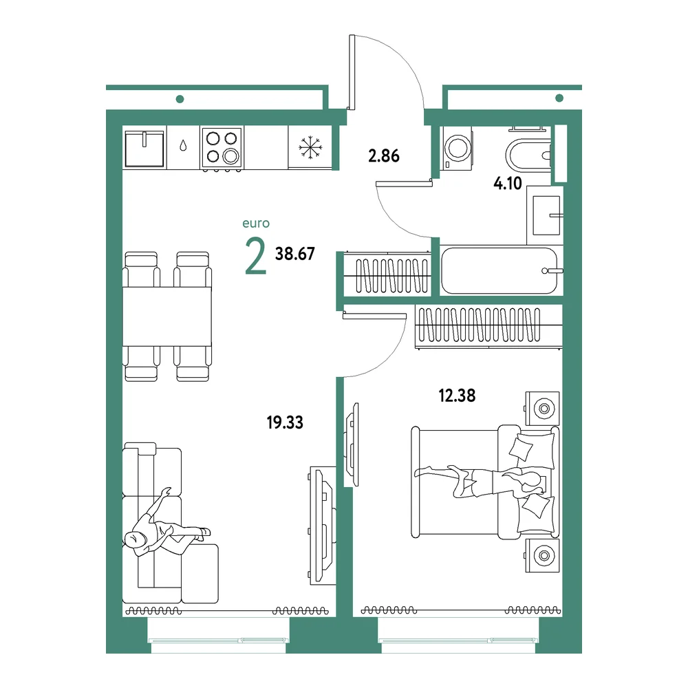 Планировка: Домашний 2-комнатная 38,67м²