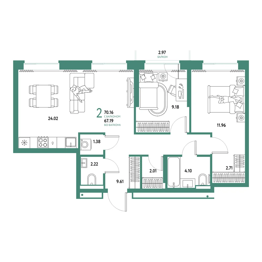 Планировка: Домашний 3-комнатная 70,16м²