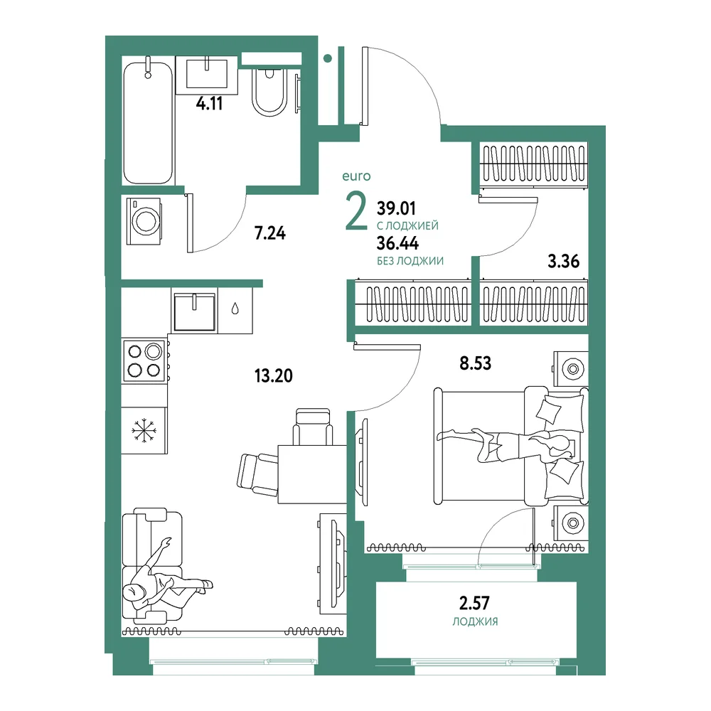Планировка: Домашний 2-комнатная 39,01м²