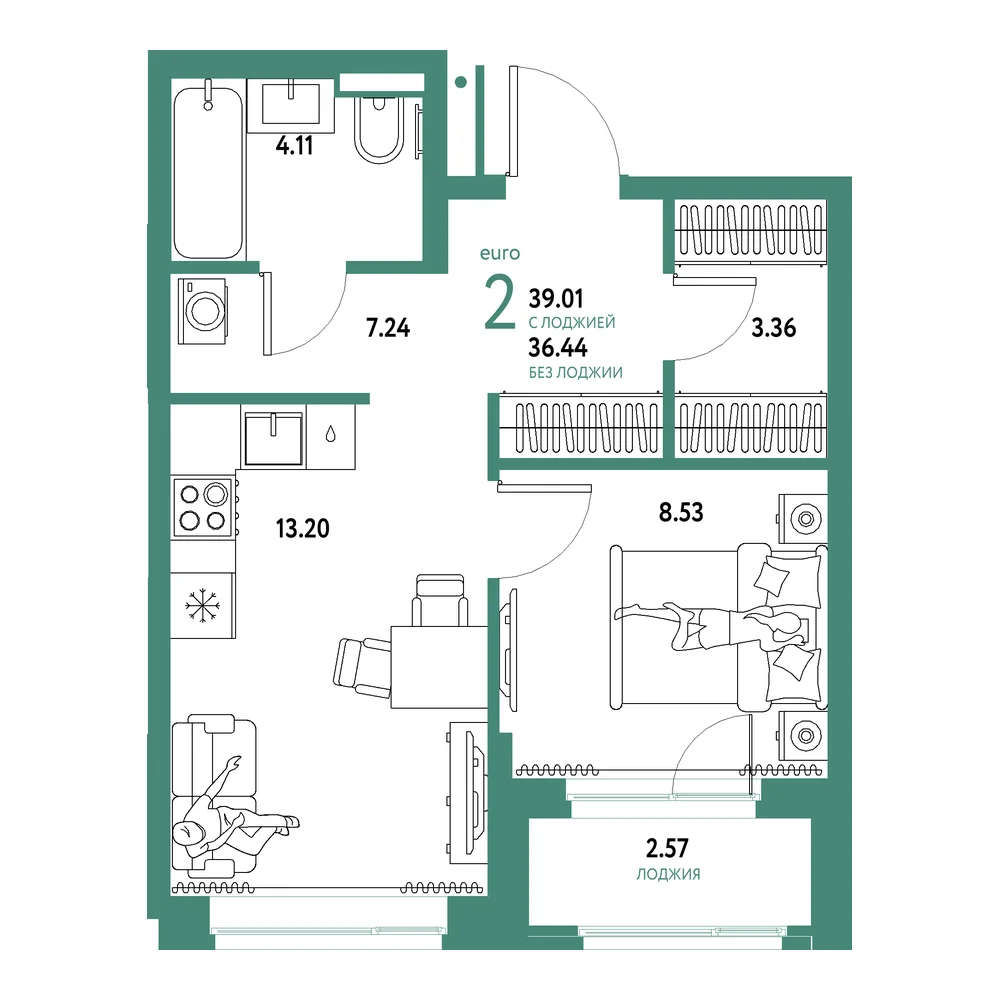 Планировка: Домашний 2-комнатная 39,01м²