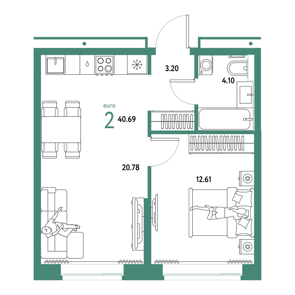 Планировка: Домашний 2-комнатная 40,69м²