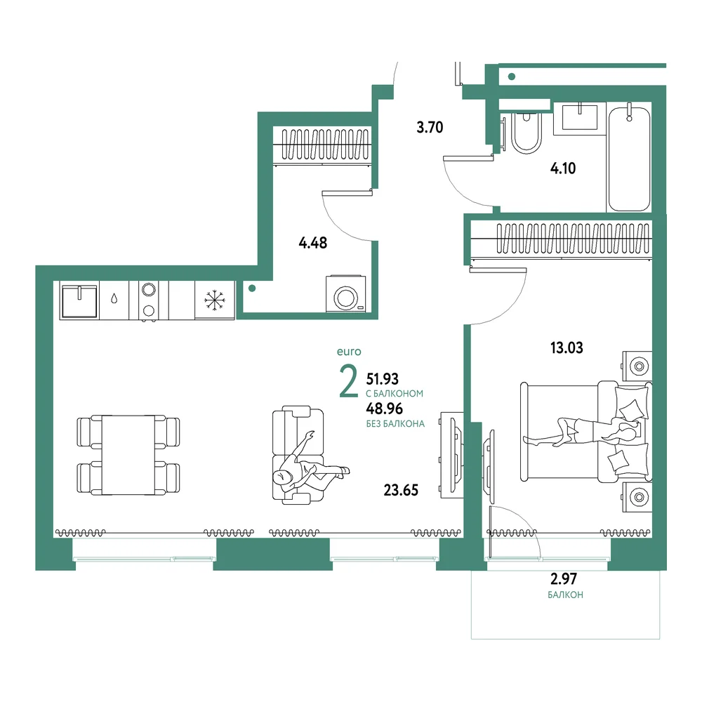 Планировка: Домашний 2-комнатная 51,93м²