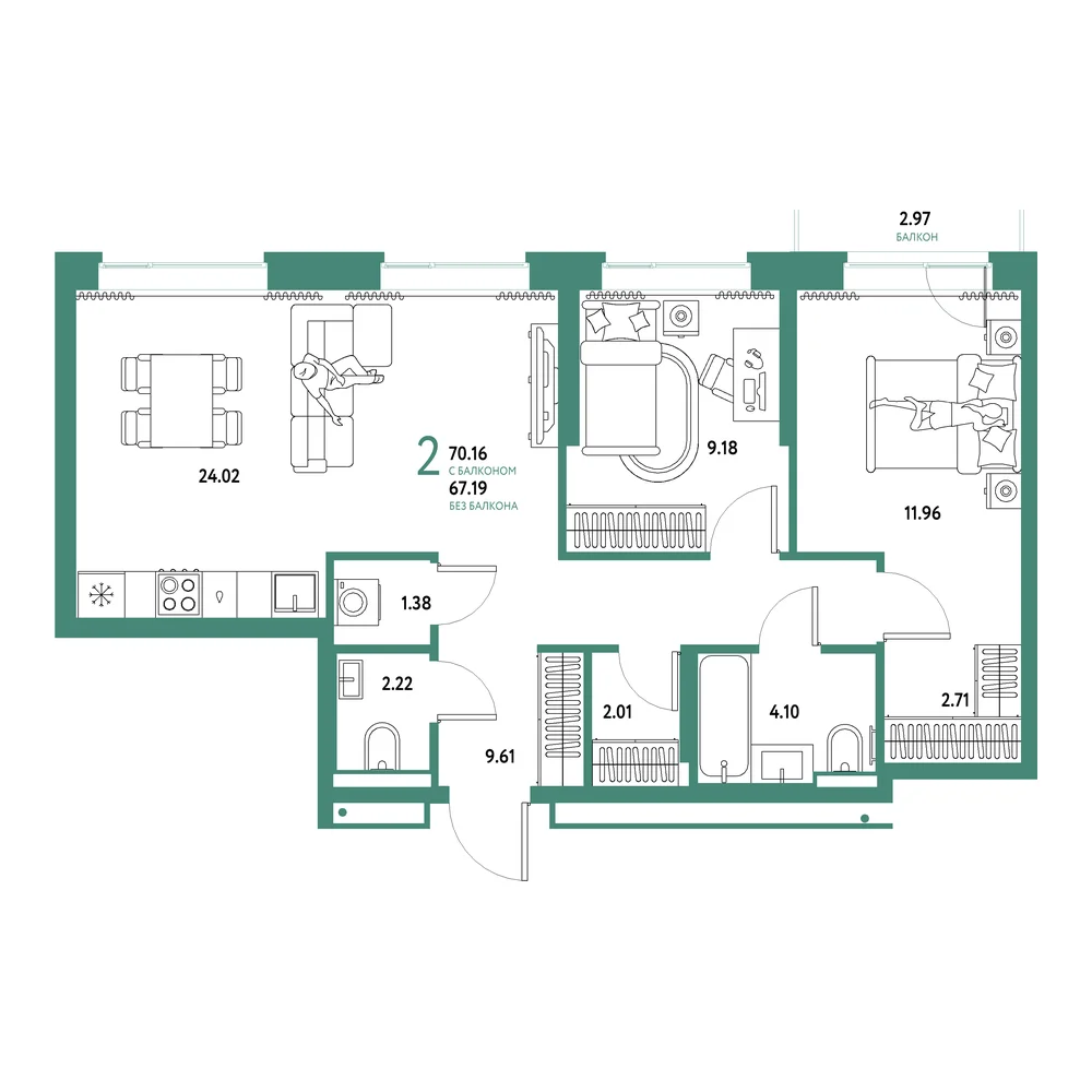Планировка: Домашний 3-комнатная 70,16м²
