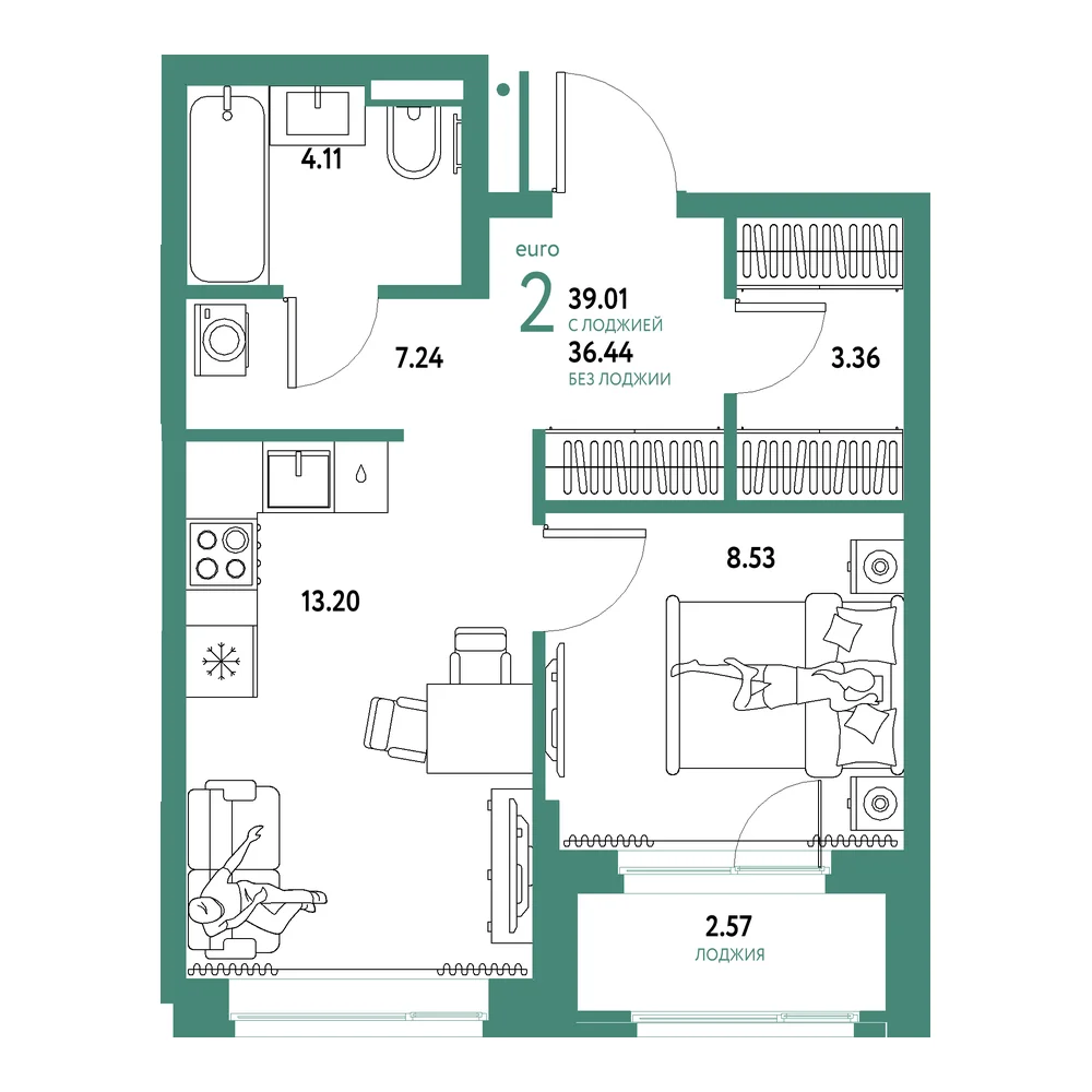 Планировка: Домашний 2-комнатная 39,01м²