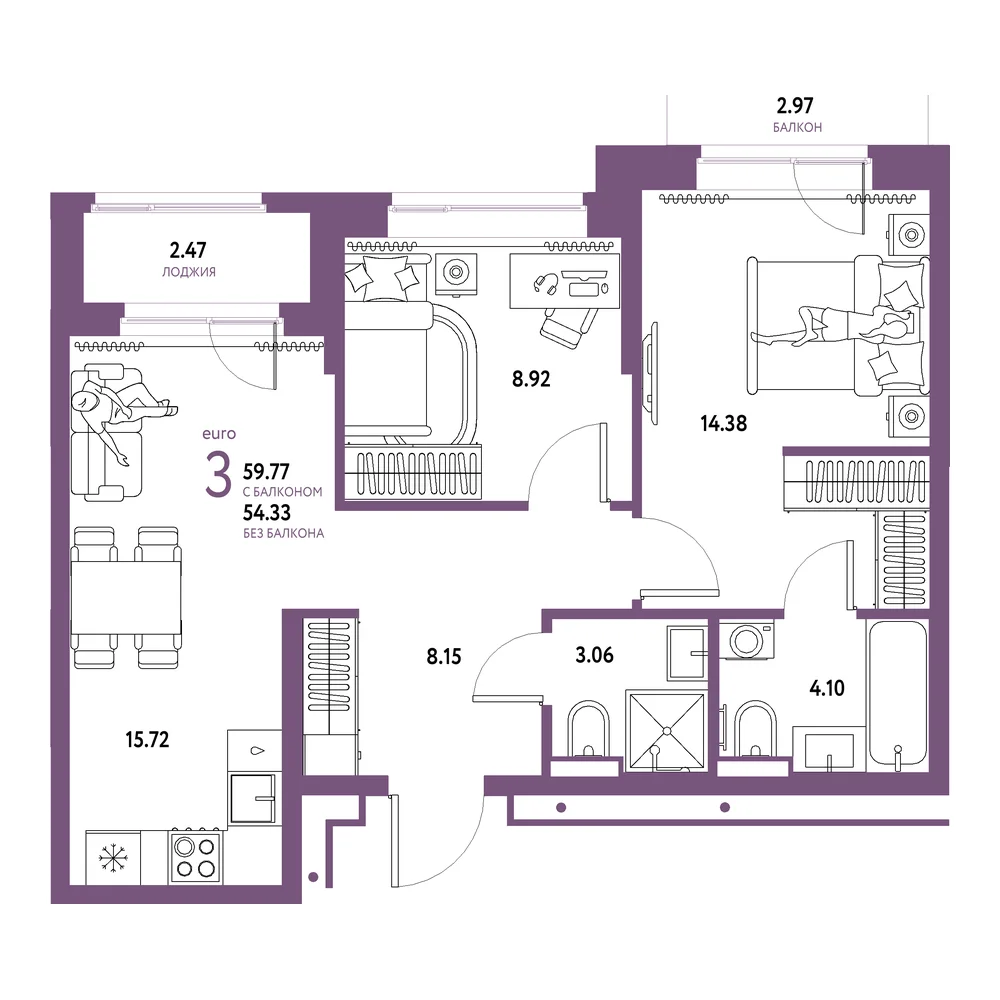 Планировка: Домашний 3-комнатная 59,77м²