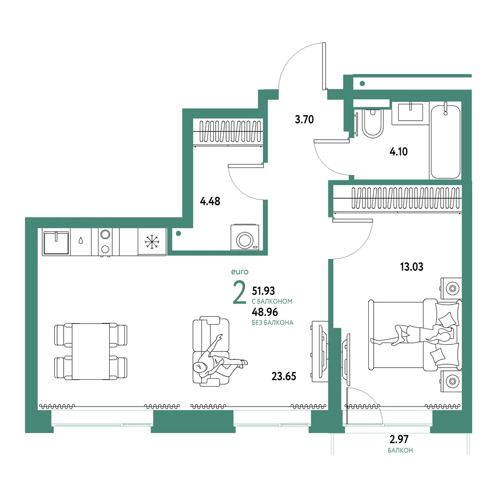 Планировка: Домашний 2-комнатная 51,93м²