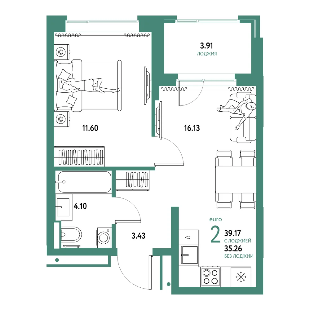 Планировка: Домашний 2-комнатная 39,17м²