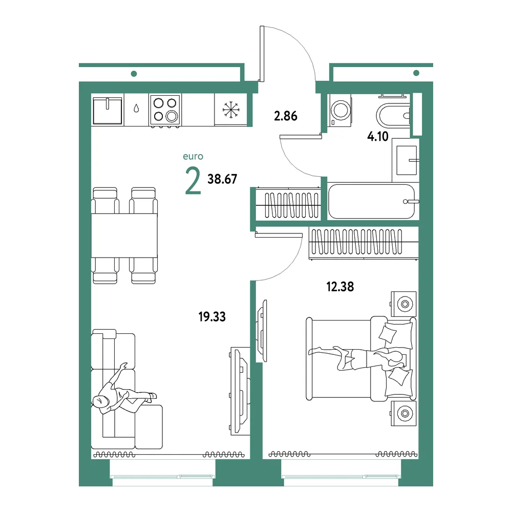 Планировка: Домашний 2-комнатная 38,67м²