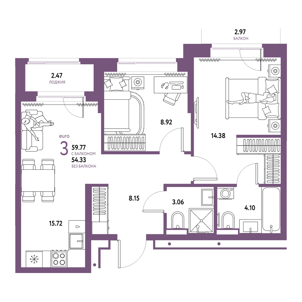 Планировка: Домашний 3-комнатная 59,77м²