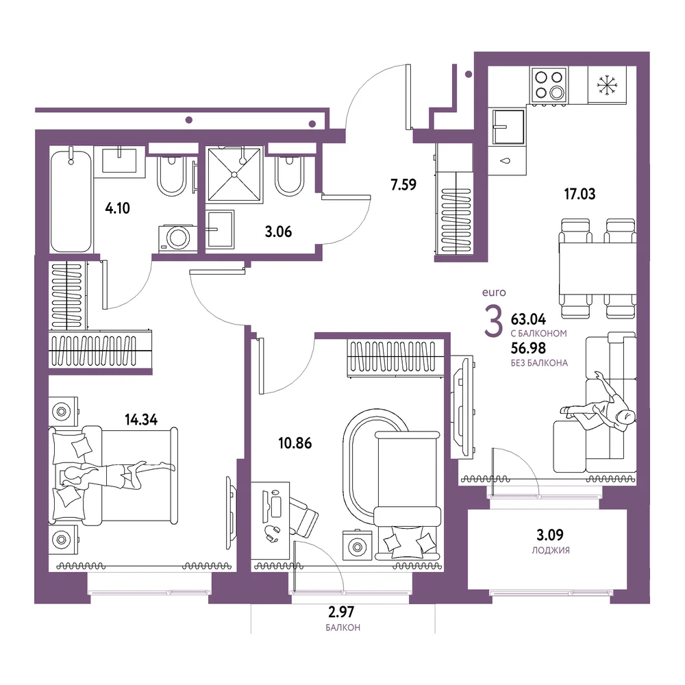 Планировка: Домашний 3-комнатная 63,04м²