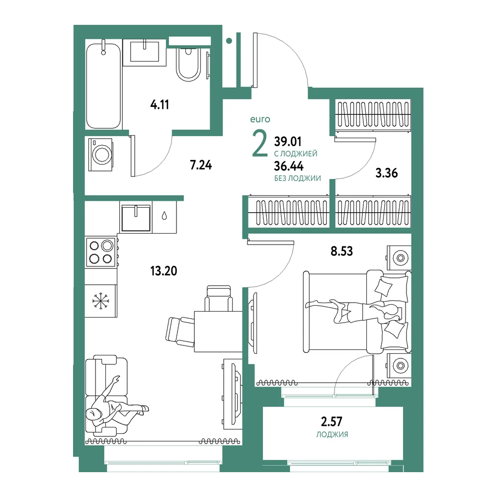 Планировка: Домашний 2-комнатная 39,01м²