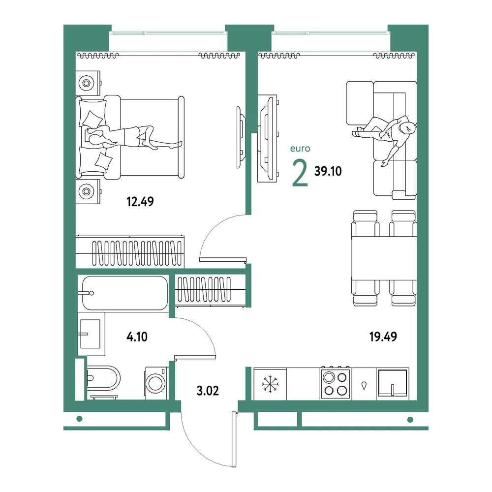 Планировка: Домашний 2-комнатная 39,10м²