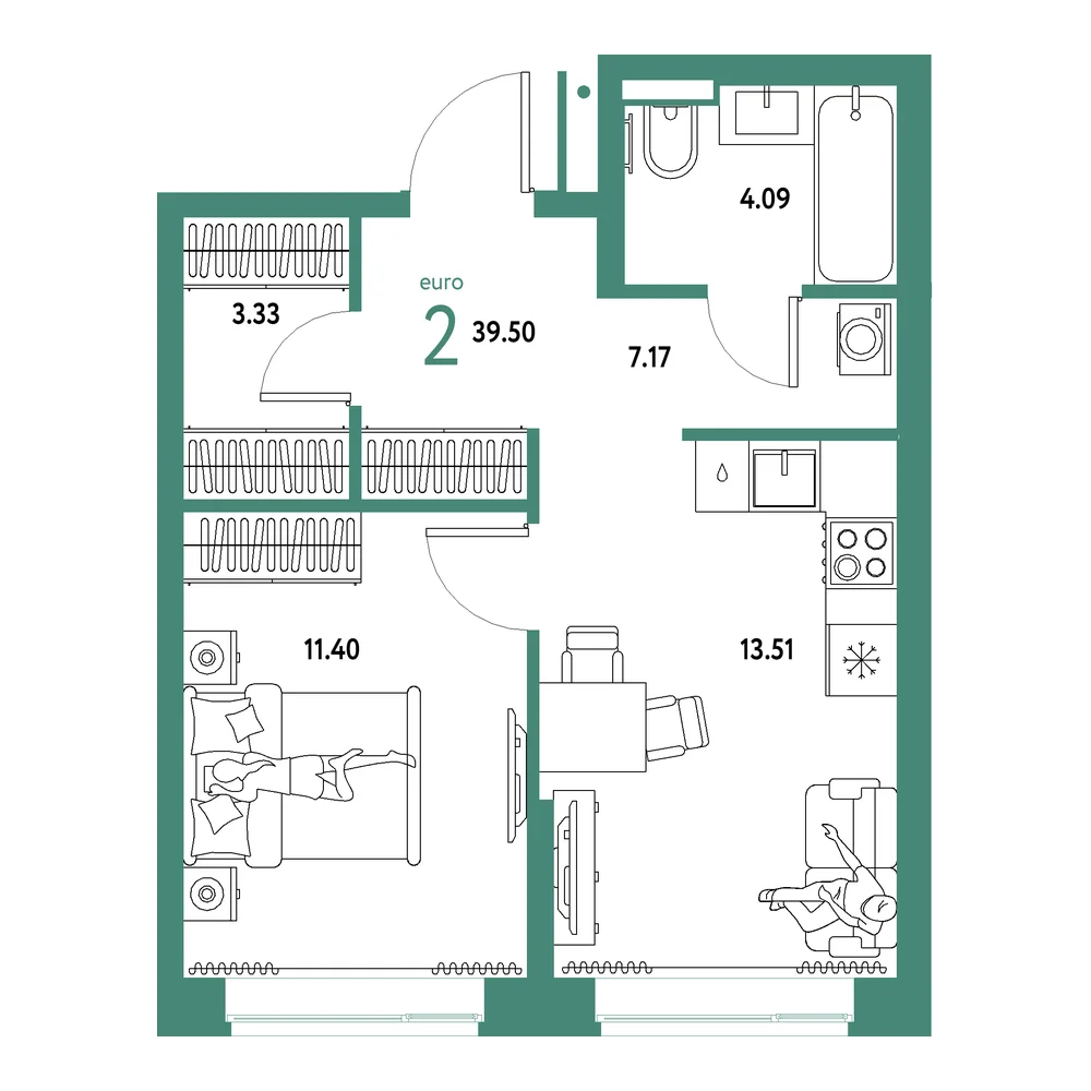 Планировка: Домашний 2-комнатная 39,50м²
