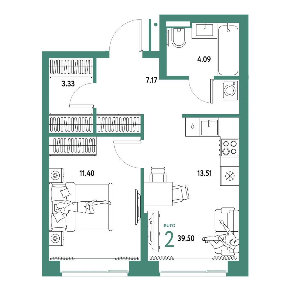 Планировка: Домашний 2-комнатная 39,50м²