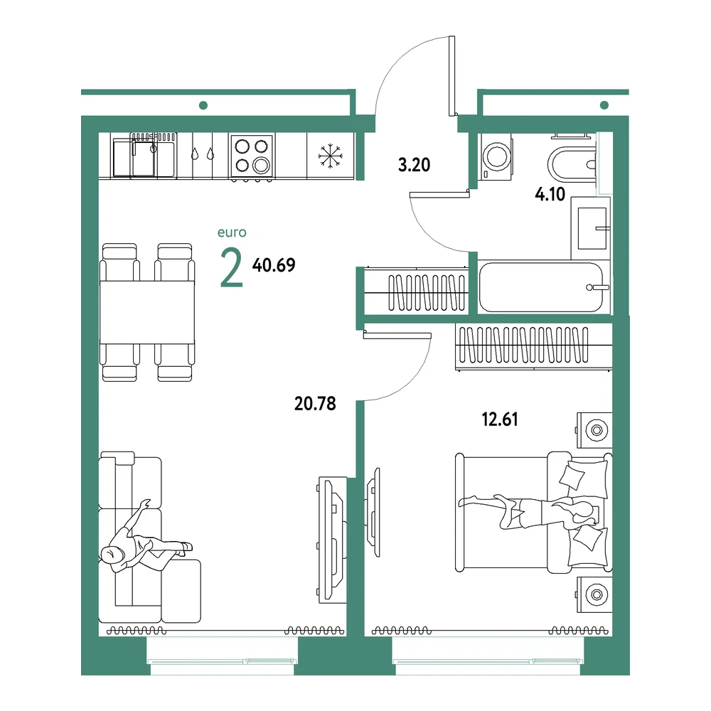 Планировка: Домашний 2-комнатная 40,69м²