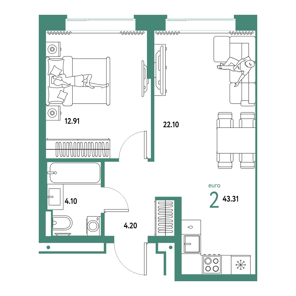 Планировка: Домашний 2-комнатная 43,31м²