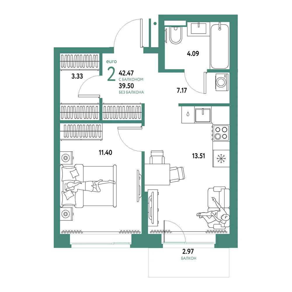 Планировка: Домашний 2-комнатная 42,47м²