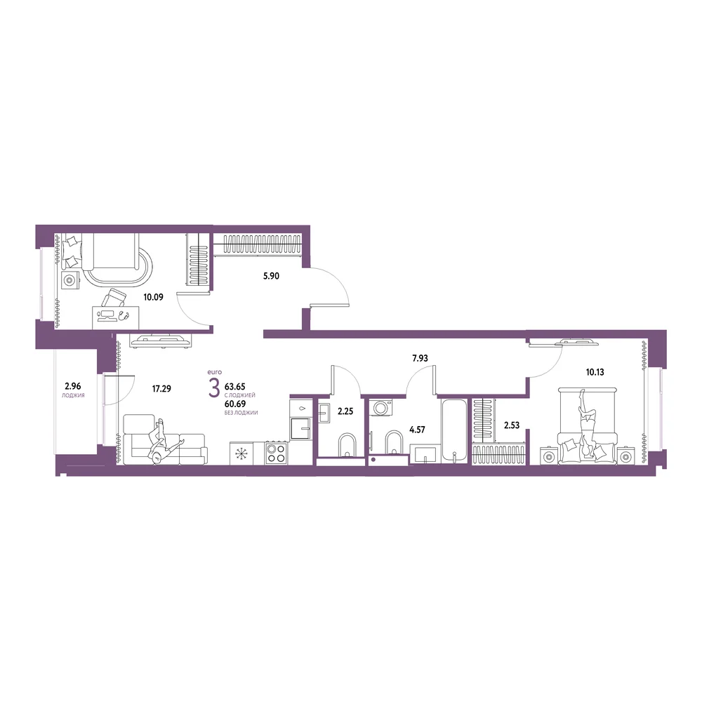 Планировка: Домашний 3-комнатная 63,65м²