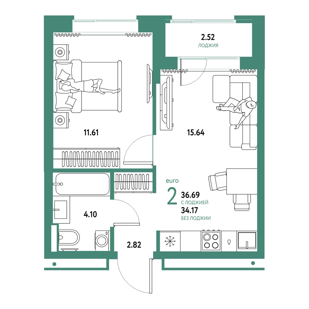 Планировка: Домашний 2-комнатная 36,69м²
