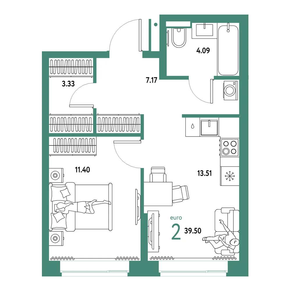 Планировка: Домашний 2-комнатная 39,50м²