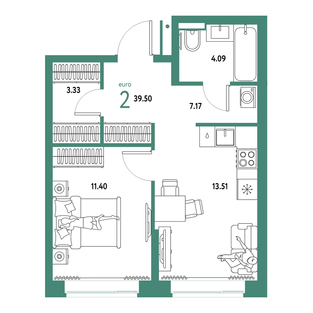 Планировка: Домашний 2-комнатная 39,50м²
