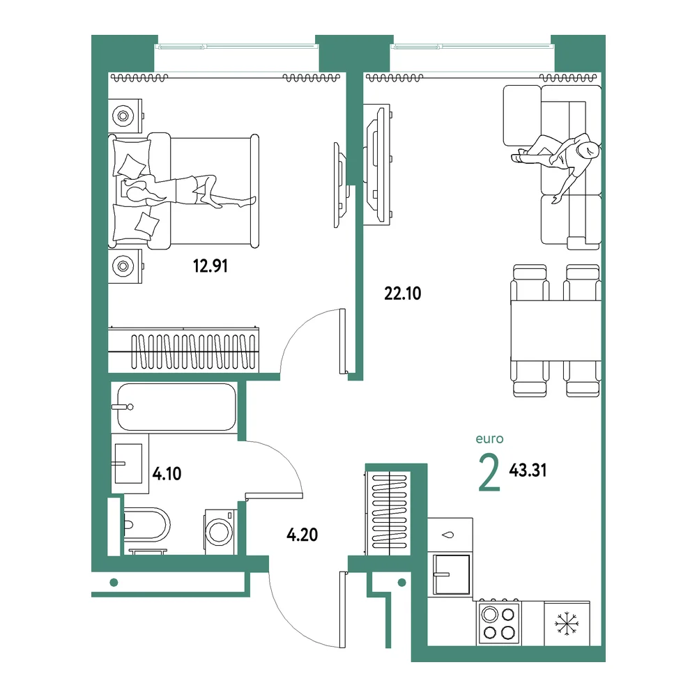 Планировка: Домашний 2-комнатная 43,31м²