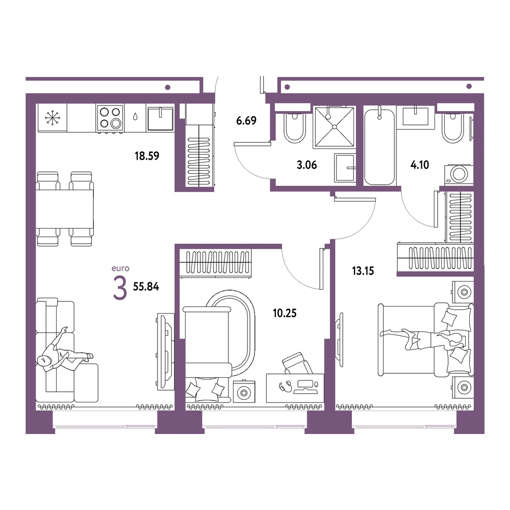 Планировка: Домашний 3-комнатная 55,84м²
