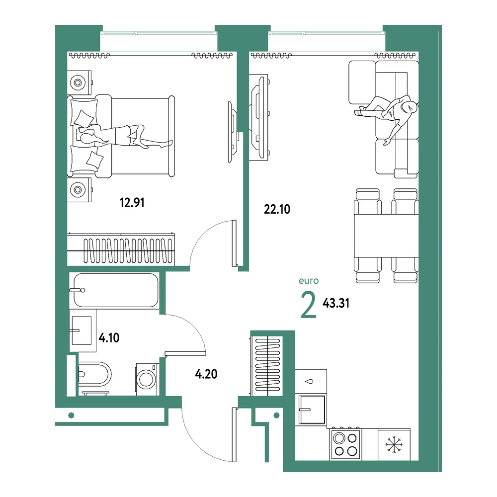 Планировка: Домашний 2-комнатная 43,31м²