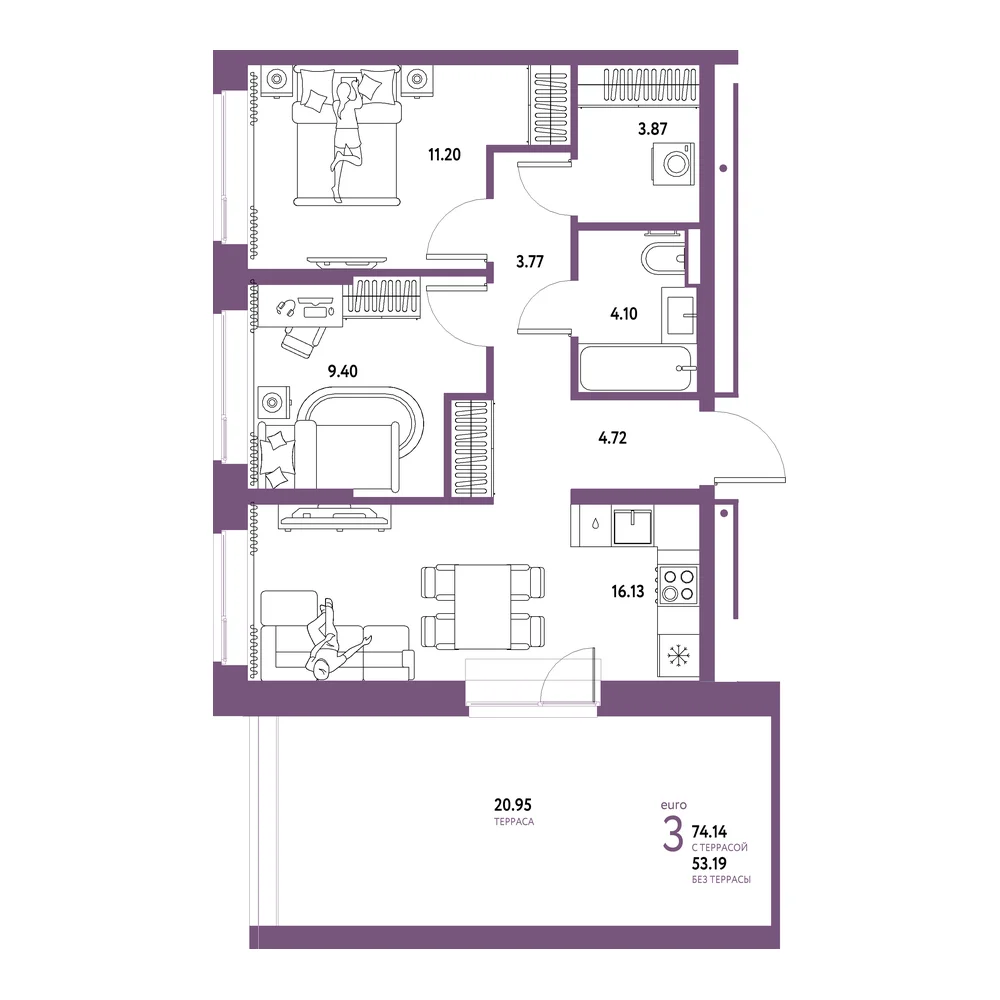 Планировка: Домашний 3-комнатная 74,14м²