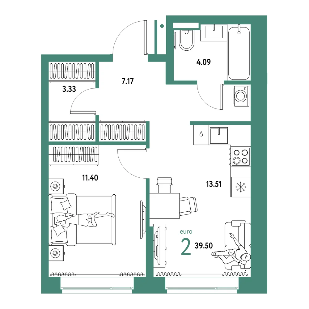 Планировка: Домашний 2-комнатная 39,50м²